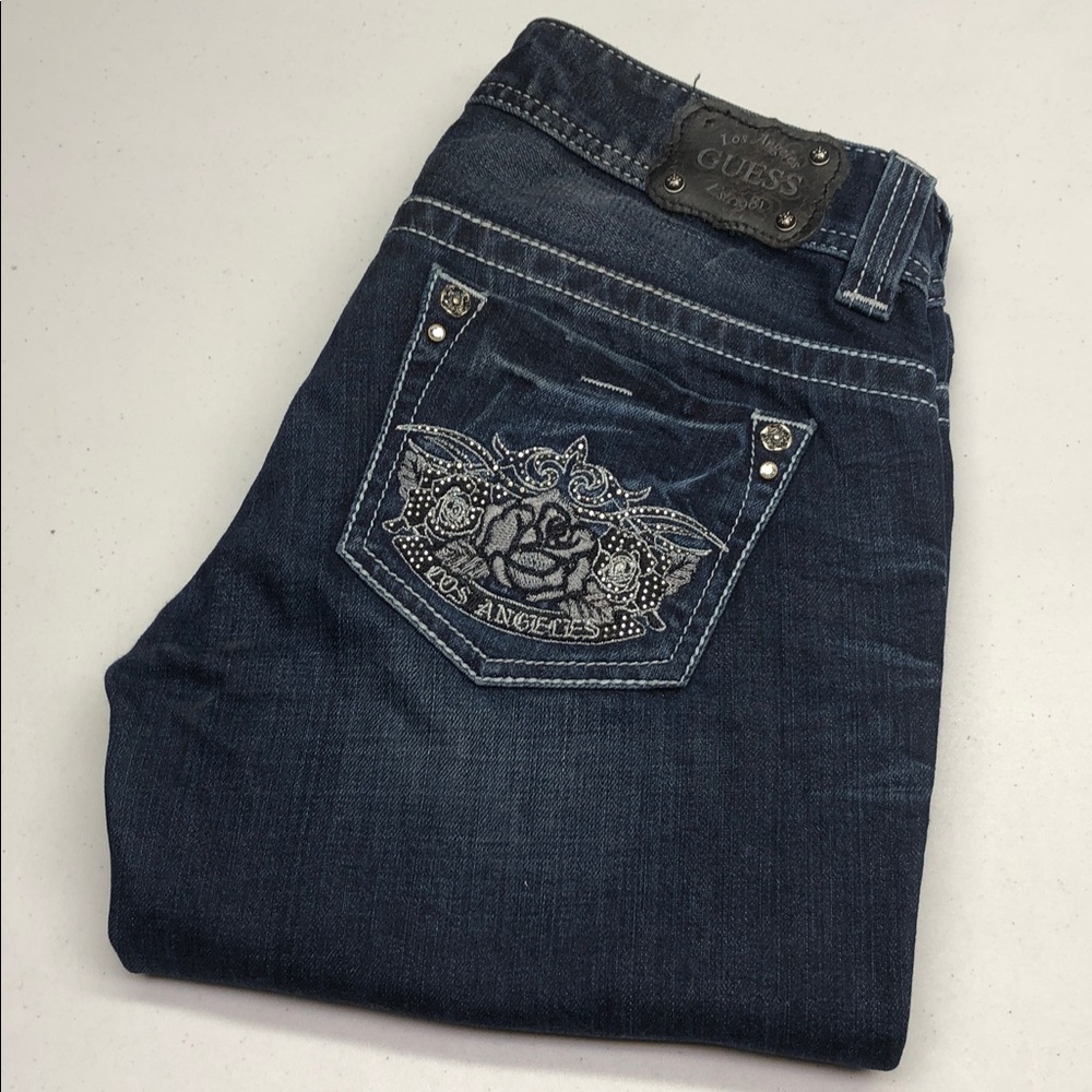 GUESS Women's Skinny Jeans in Dark Blue with Embroidered Back Pocket